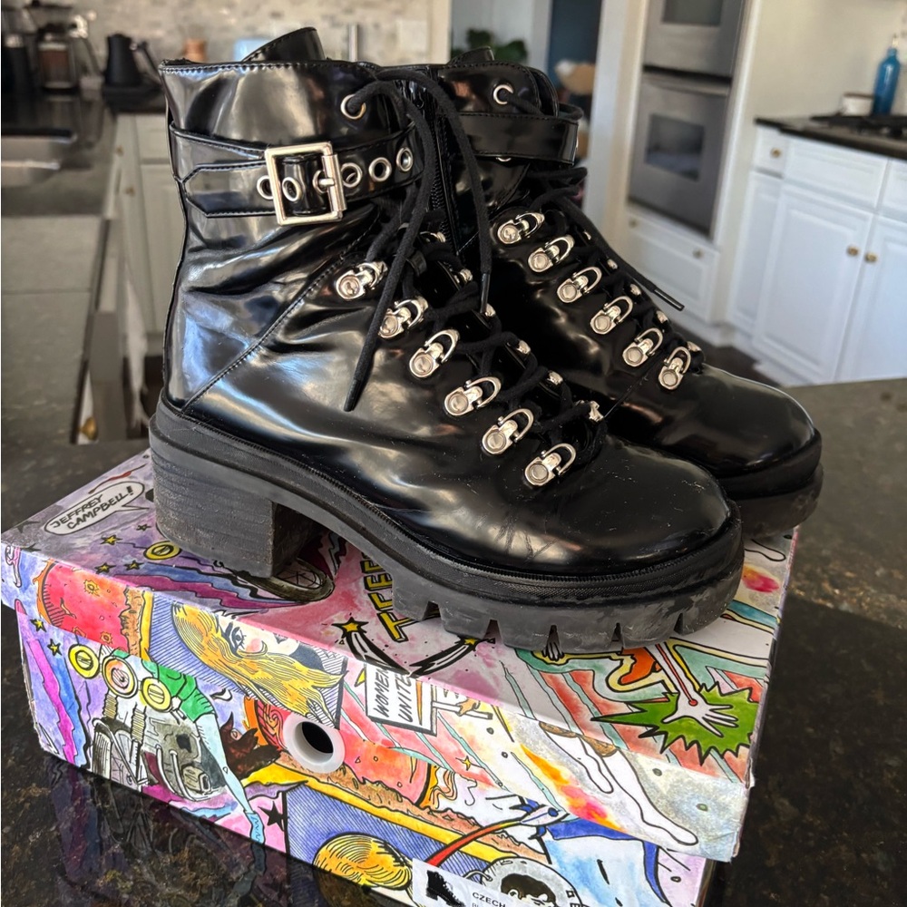 Jeffrey Campbell Black Patent Lace-Up Combat Boots with Buckle